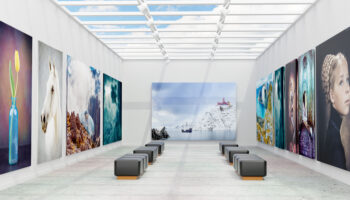 An art gallery with canvas and abstract istallation, 3D illustration
